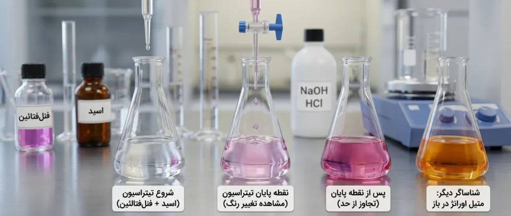 تغییر رنگ شناساگرها در نقطه پایان تیتراسیون شیمیایی